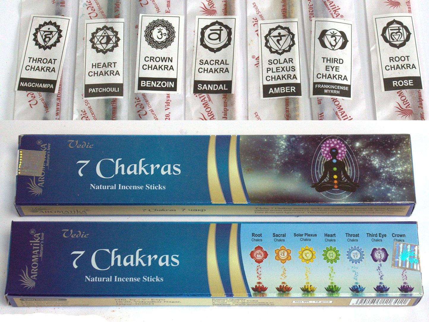 Masala-Räucherstäbchen 7 Chakra - 12 Stäbchen handgerollt in Jaipur