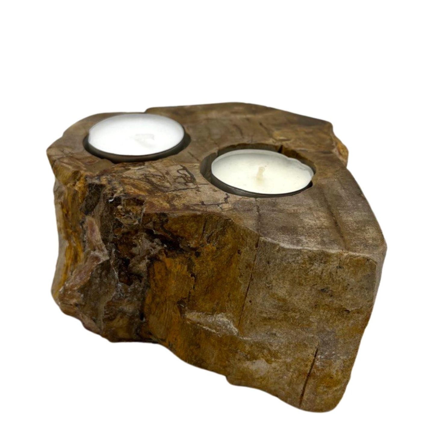 Doppel-Kerzenhalter aus versteinertem Holz und Marmor – Ein handgefertigtes Naturkunstwerk