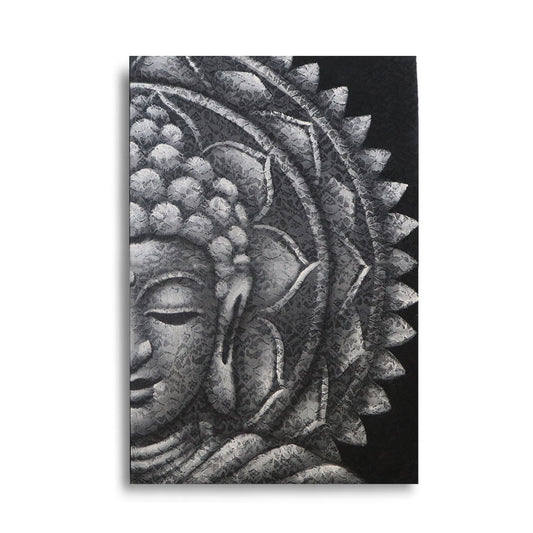 Handgemaltes Buddha Mandala in Grau 60x80 cm - Einzelstück auf Leinwand