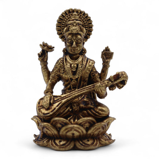 Messing-Miniatur: Göttin Saraswati für Weisheit & Kunst