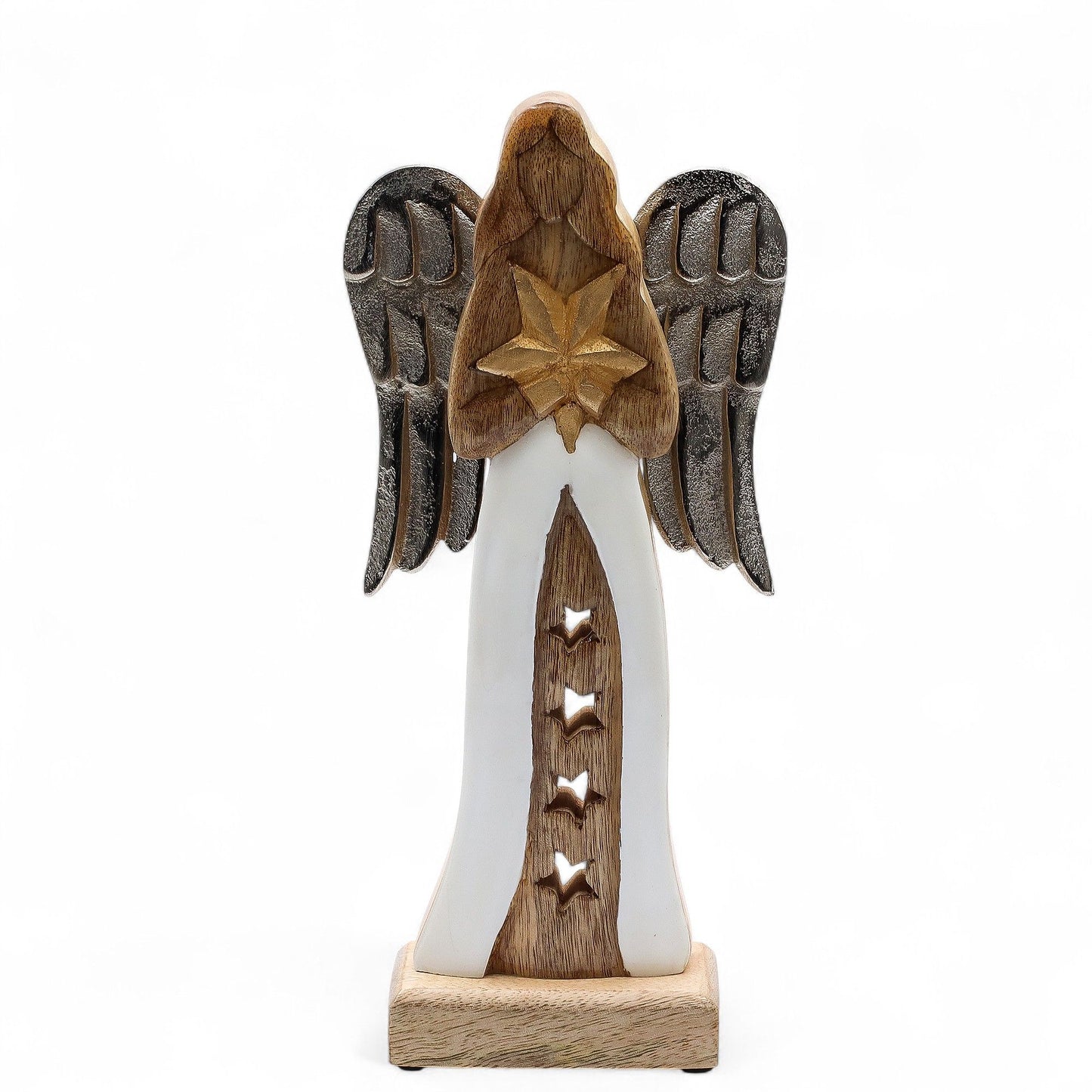 Handgeschnitzter Engel mit Stern – Skulptur aus Mangoholz und Metall