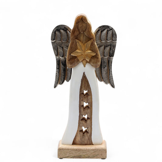Handgeschnitzter Engel mit Stern – Skulptur aus Mangoholz und Metall