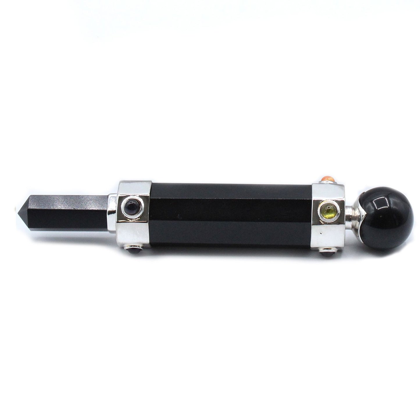 Handgefertigter Heilsteinstab aus Schwarzachat & Silber - 12 cm, hexagonal