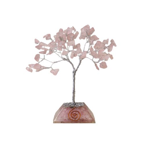 Handgefertigter Edelsteinbaum aus Rosenquarz mit Orgonit-Pyramide – 80 Steine