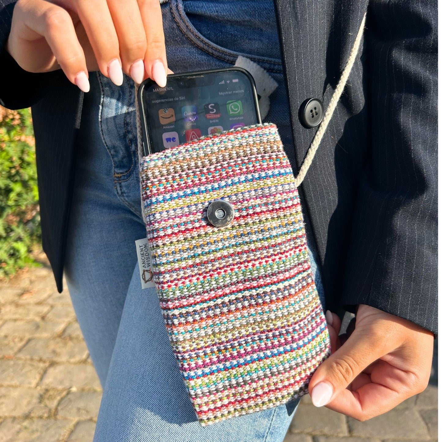 Handytasche mit Häschen-Applikation – Rosa Streifendesign aus Baumwolle