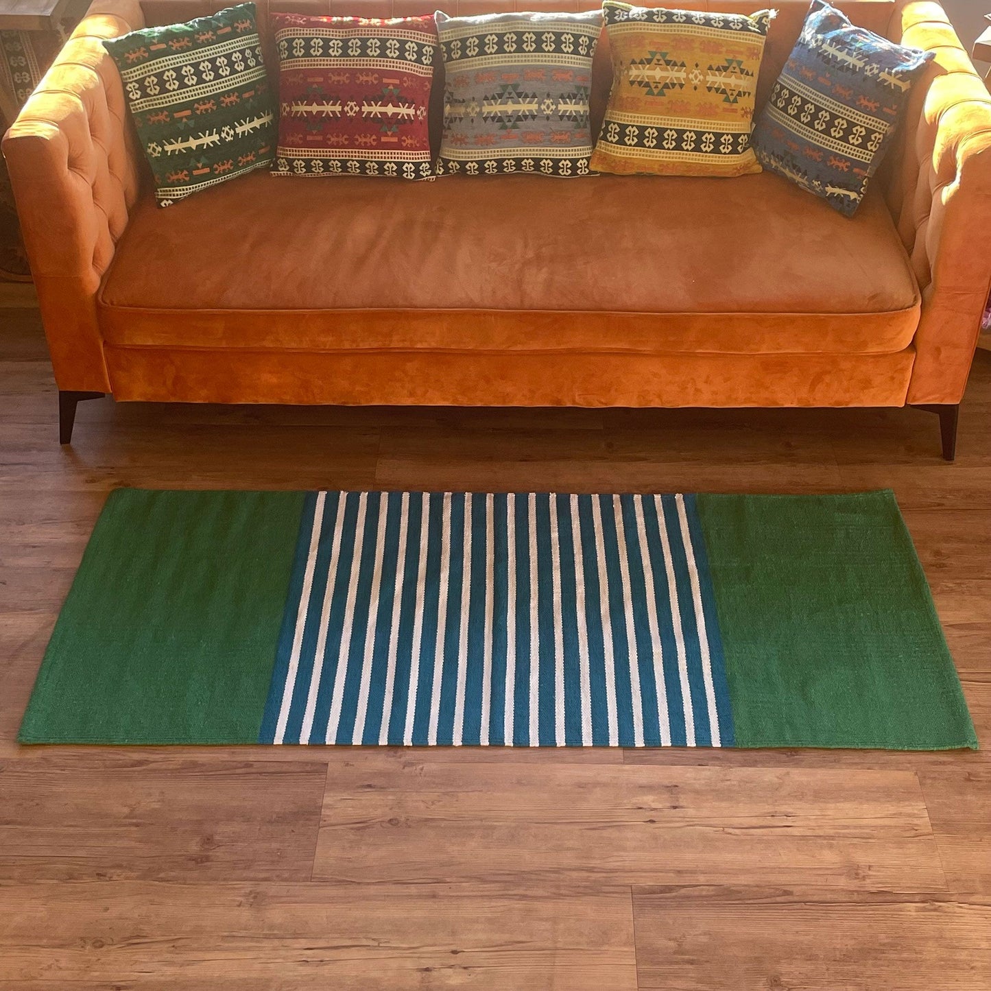 Handgewebter Baumwollteppich in Indigo & Mint - Streifenmuster 170x70 cm