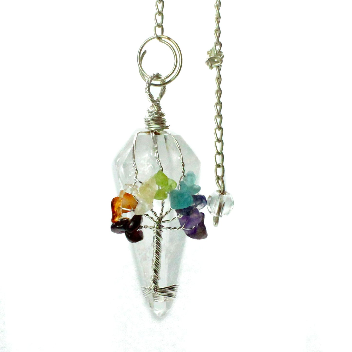 Handgefertigtes Sieben-Chakra Pendel aus Bergkristall mit Edelsteinperlen