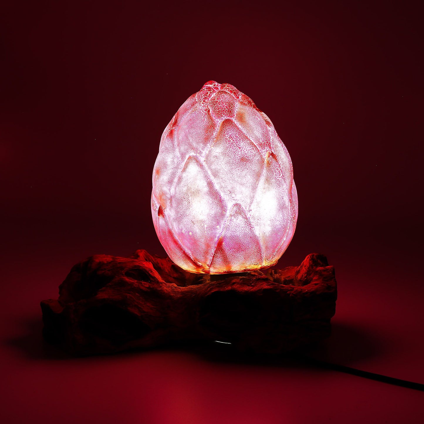 Lila Lotosblume Lampe aus Craquelé-Glas mit Treibholzfuß