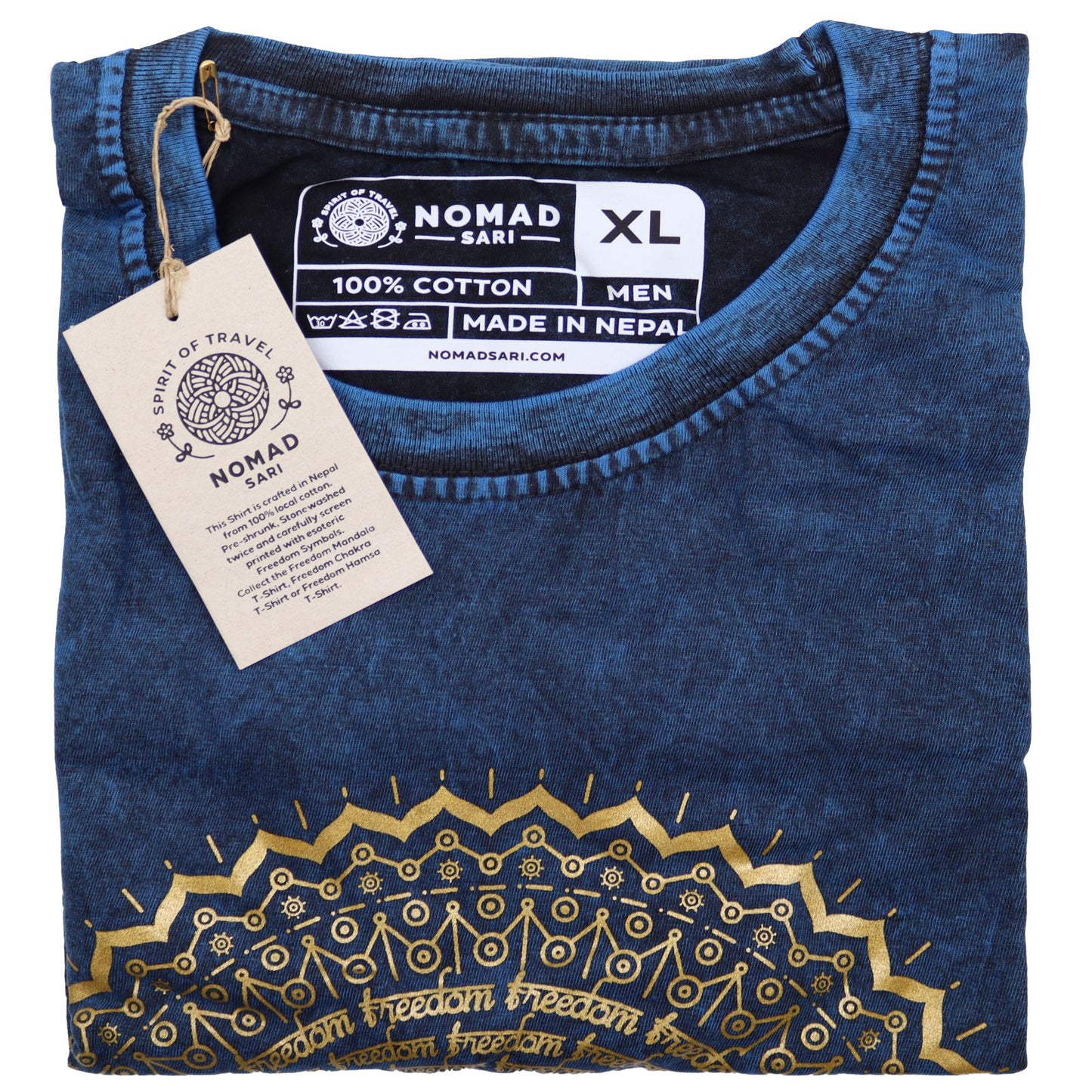 Mandala T-Shirt in Steinwasch-Blau – Unisex XL mit spirituellem Design