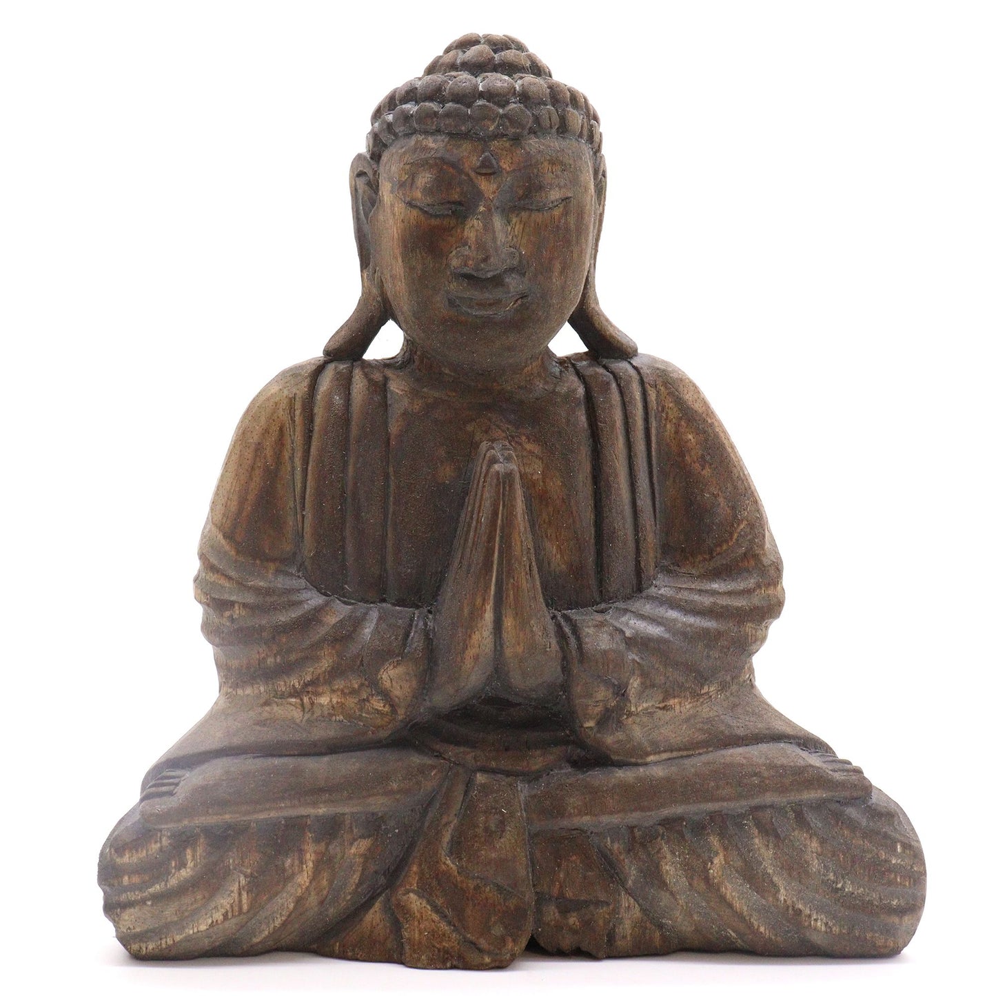 Buddha Figur mit Om-Symbol in Grau-Schwarz – Feng Shui Set aus Albasia-Holz (2 Mudra-Positionen)