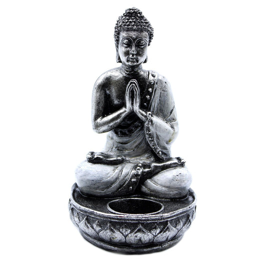 Handbemalte Buddha-Figur als Kerzenhalter in Weiß - Medium Format