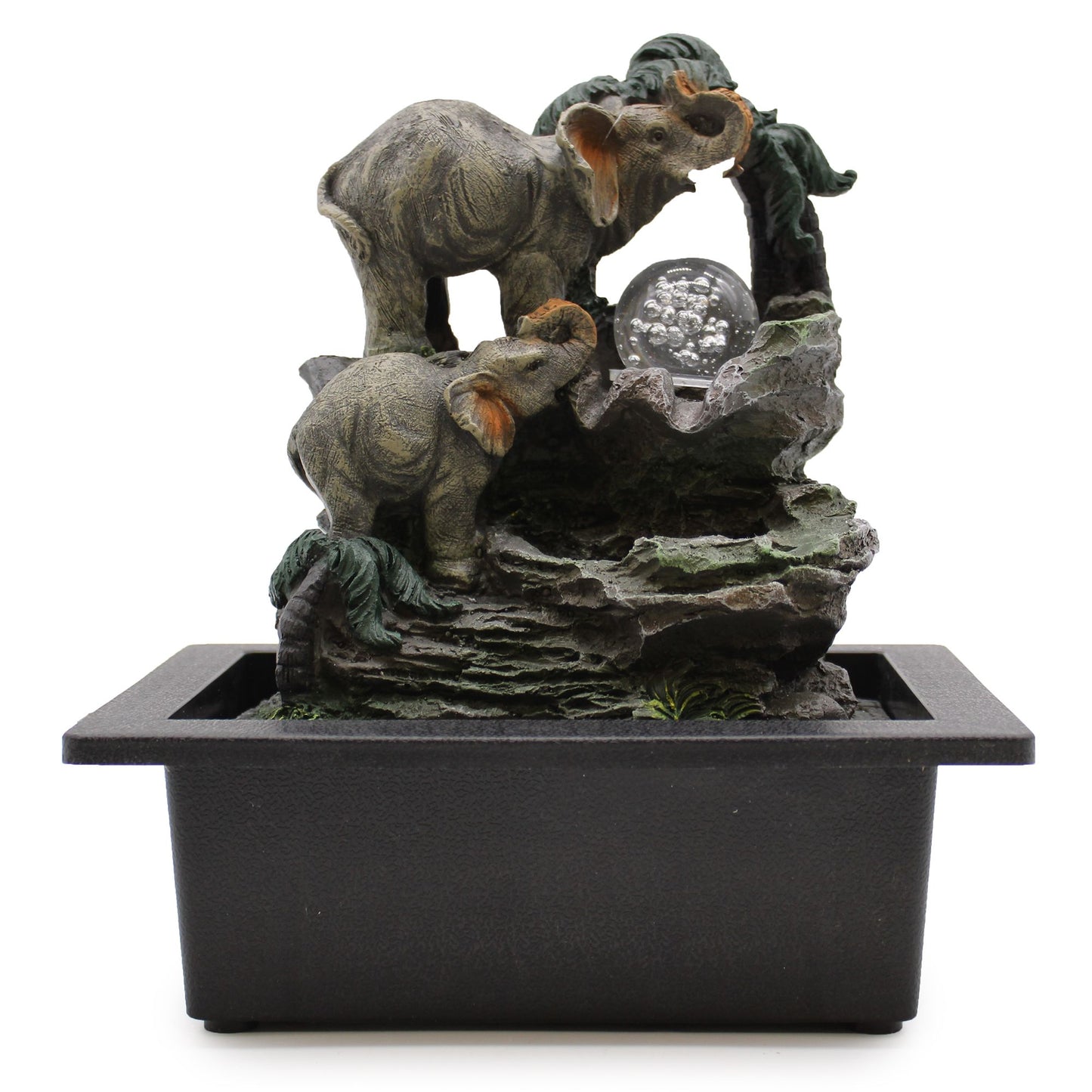 Elefanten-Familie Tischbrunnen mit LED-Beleuchtung – 30 cm Feng-Shui Wasserspiel aus Polyresin