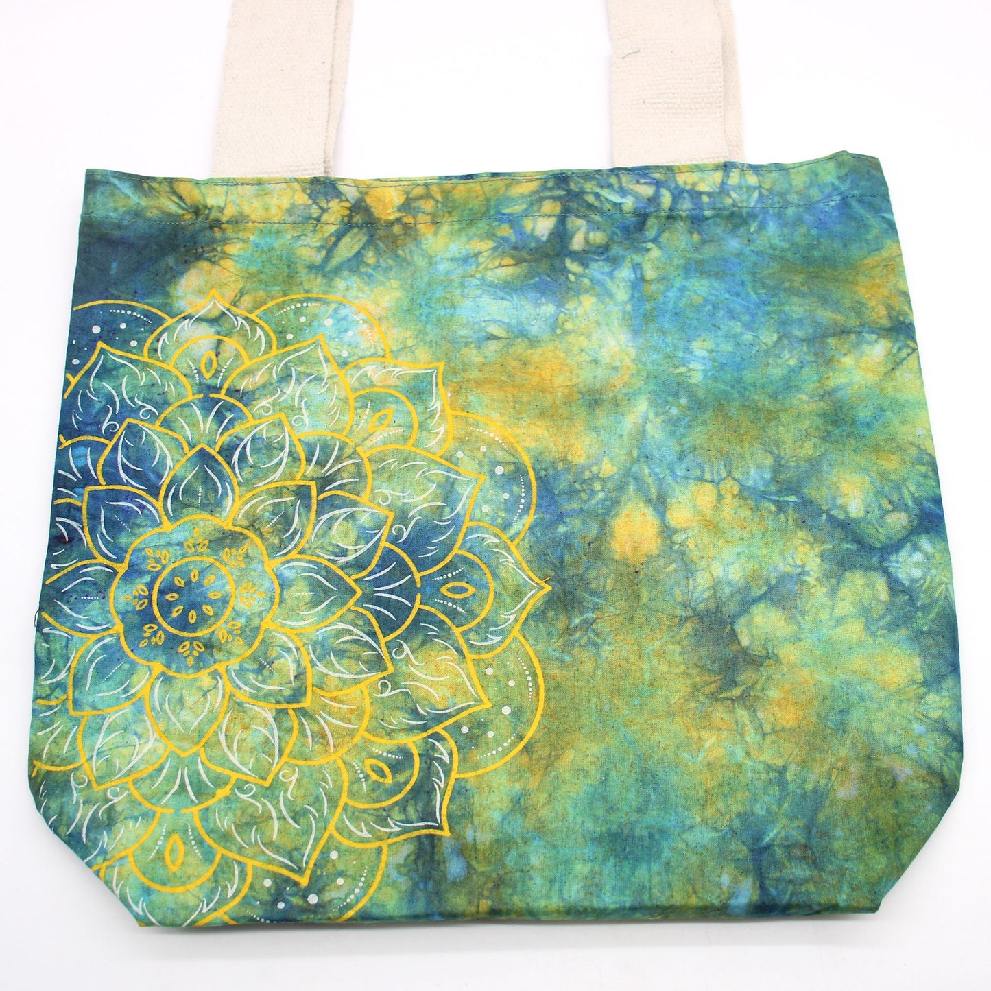 Batik-Tasche Mandala in Grün & Blau – Handgefertigte Baumwolltasche mit Naturhenkel