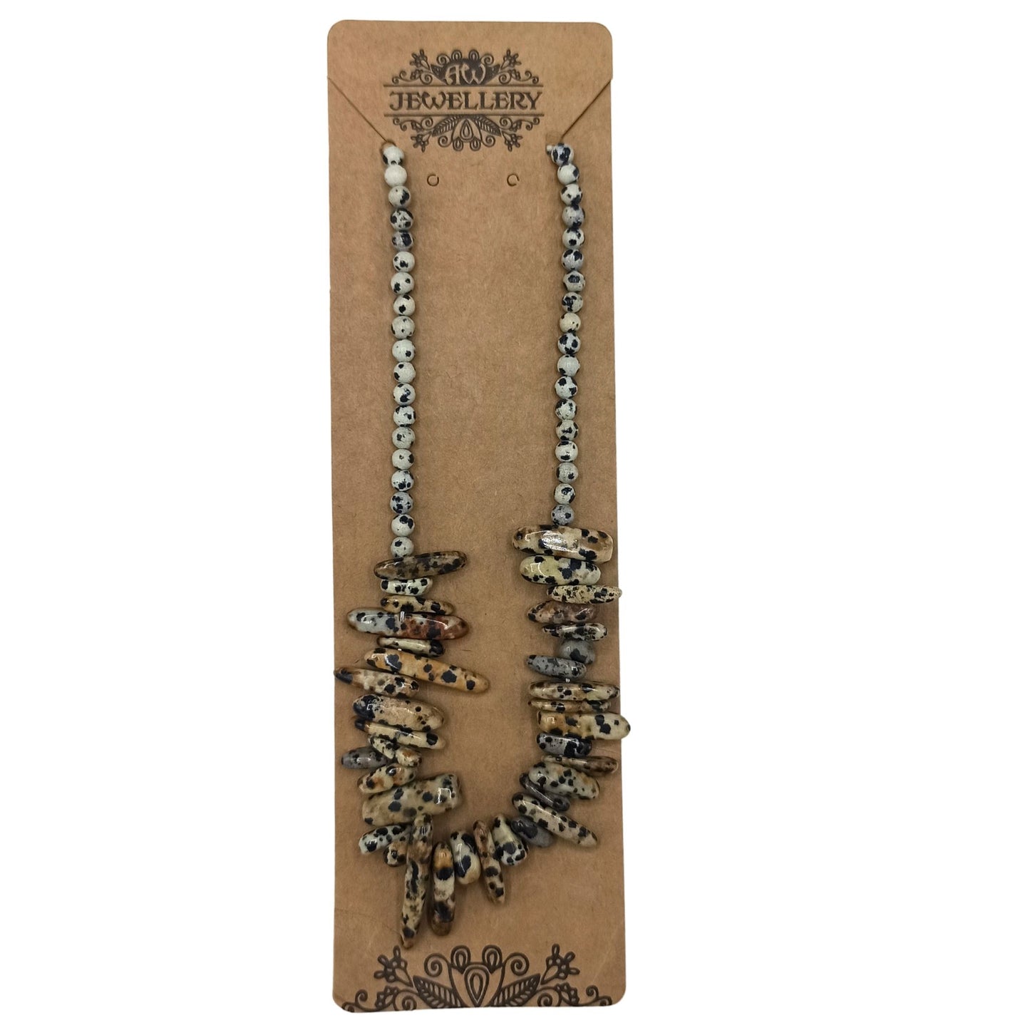 Langstein-Kette aus Dalmatiner-Jaspis mit Silberbeschichtung