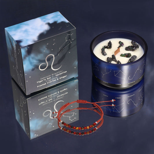 Kristallkerze Löwe mit Edelstein-Armband – Sternzeichen-Set für Energie & Entspannung