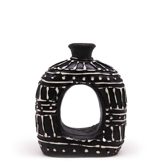 Oval-Vase in Schokoladenbraun 18cm - Handbemalte Keramik mit indonesischen Mustern
