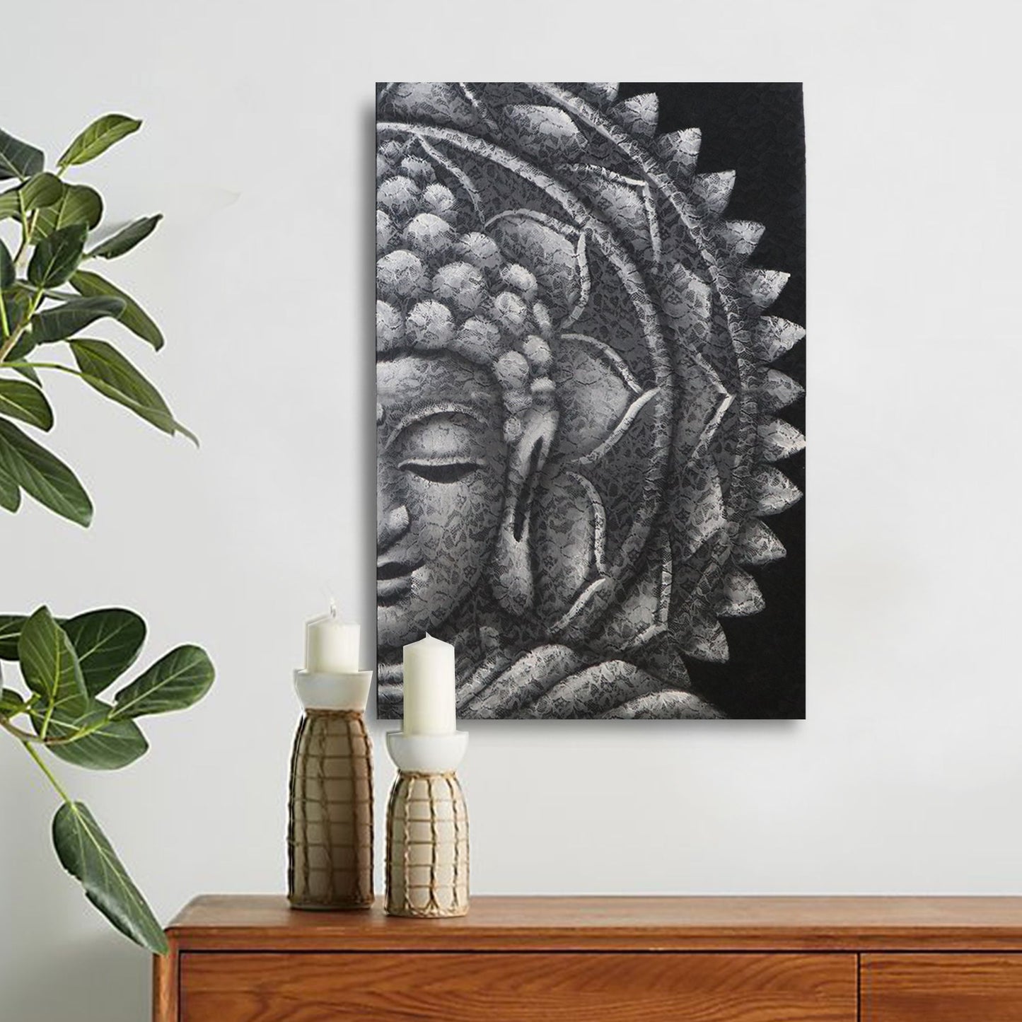 Handgemaltes Buddha Mandala in Grau 60x80 cm - Einzelstück auf Leinwand