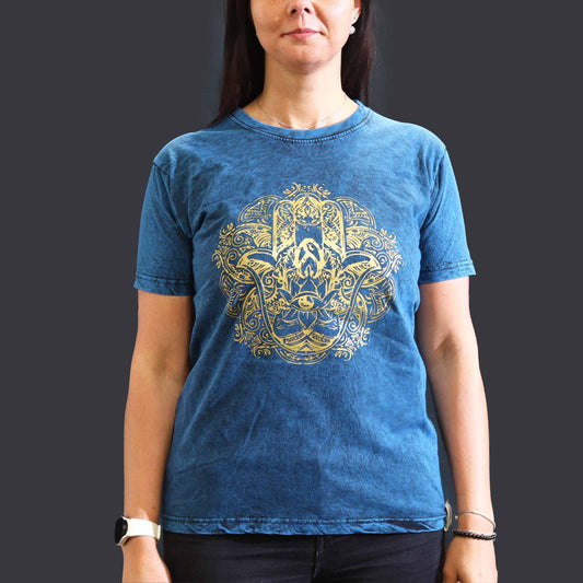 Hamsa Schutzhand T-Shirt in Steinwäsche - Blau
