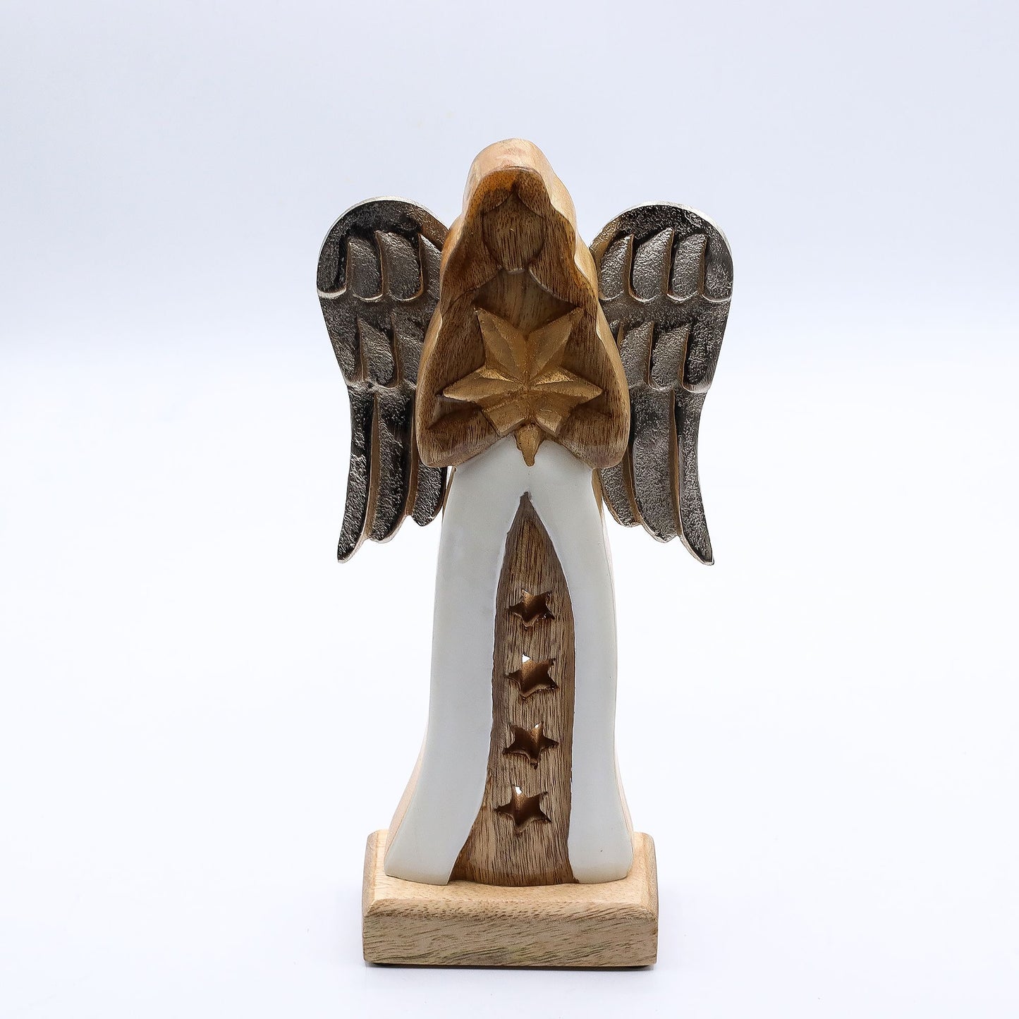 Handgeschnitzter Engel mit Stern – Skulptur aus Mangoholz und Metall