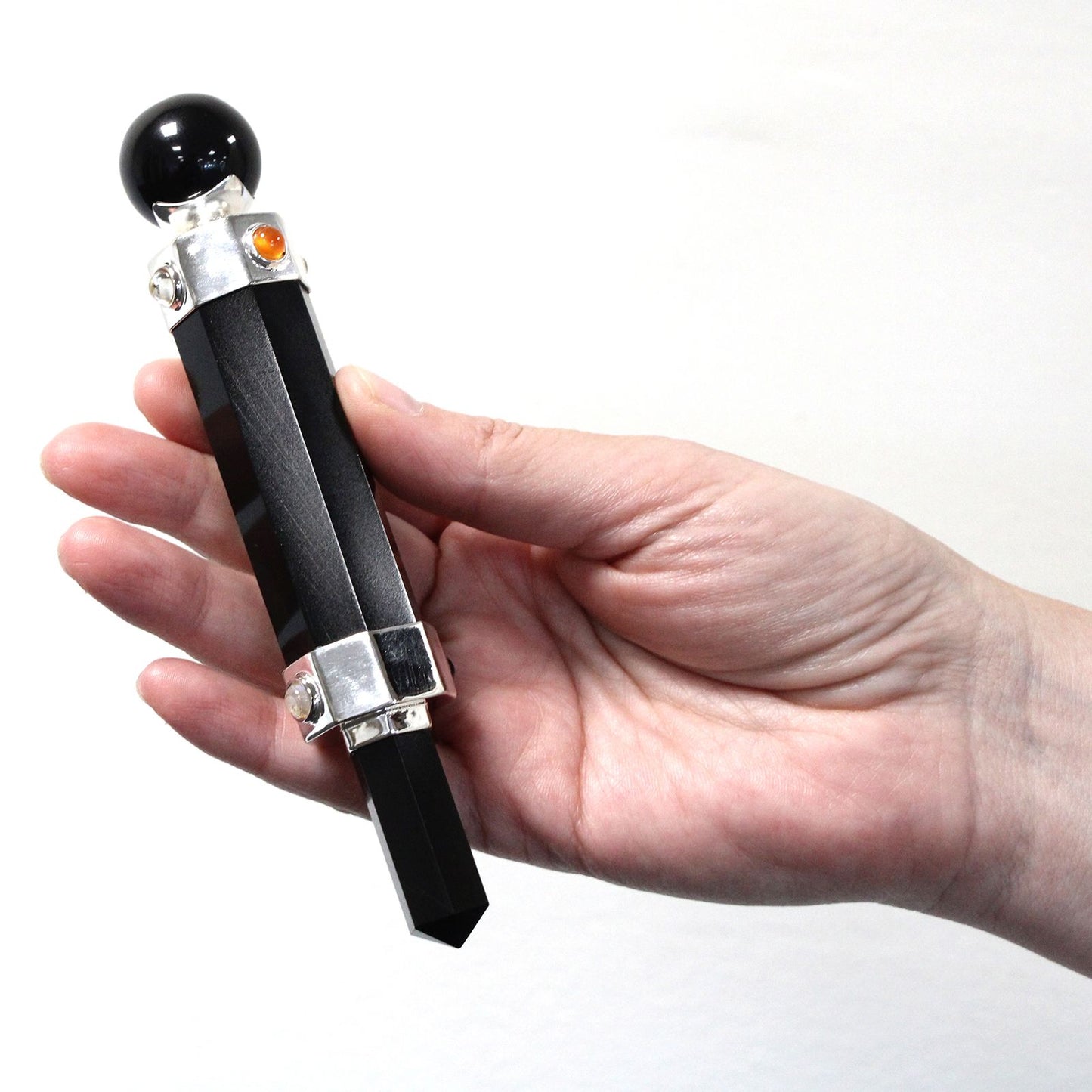 Handgefertigter Heilsteinstab aus Schwarzachat & Silber - 12 cm, hexagonal