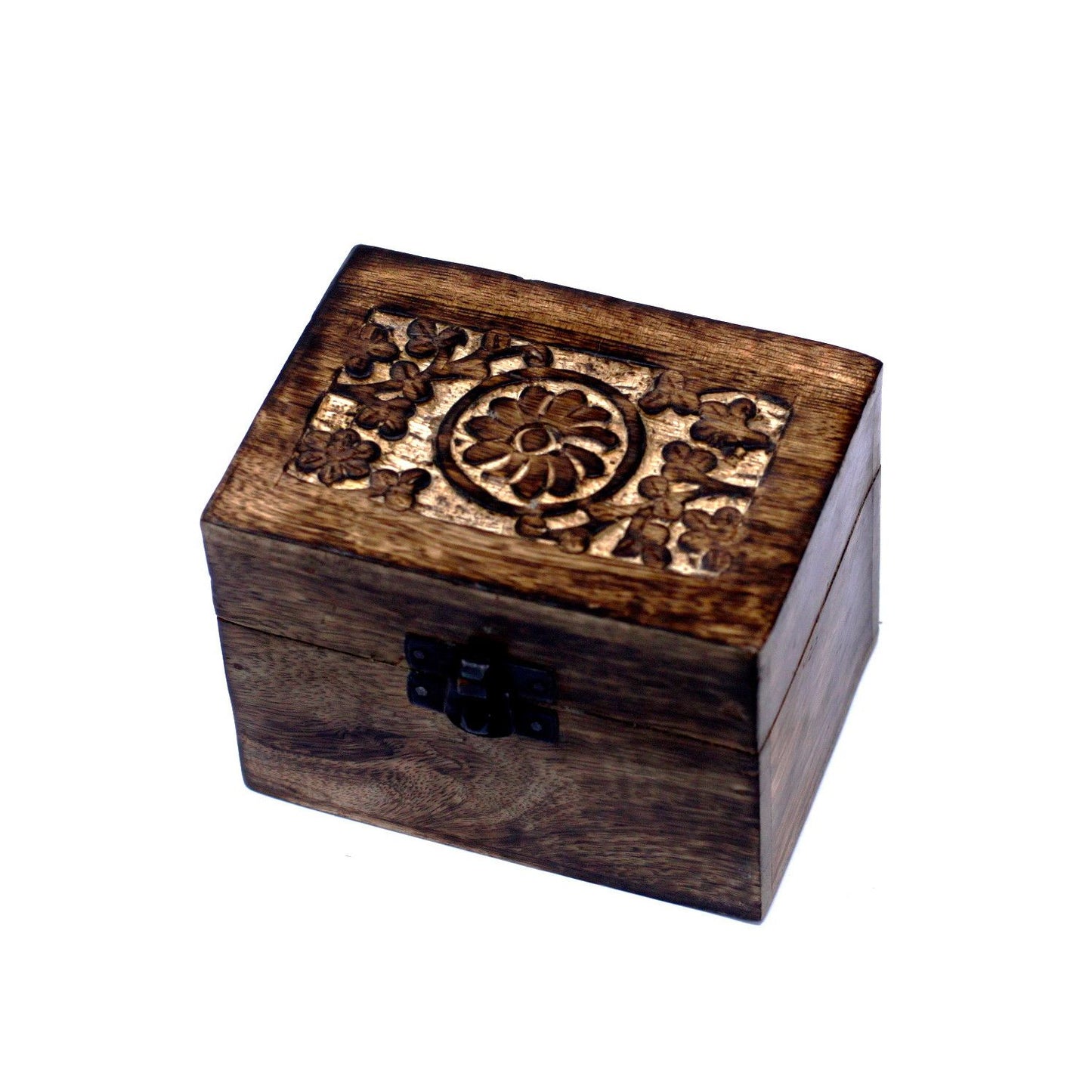 Handgeschnitzte Aromatherapie-Box aus Mangoholz mit Blumenmotiv - für 6 Fläschchen