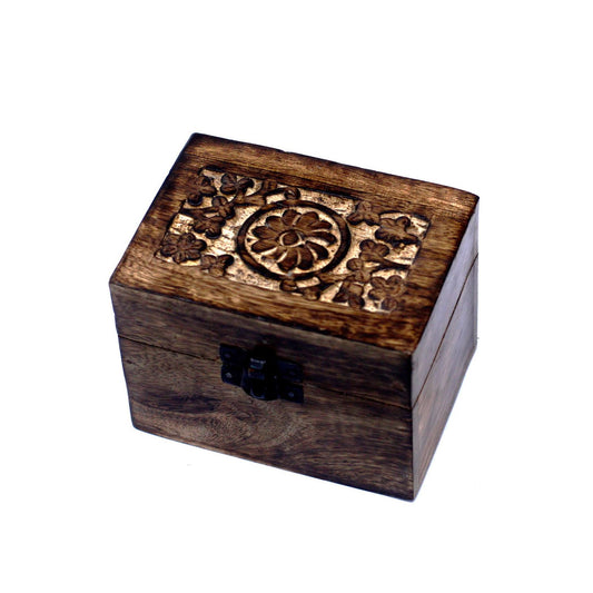 Handgeschnitzte Aromatherapie-Box aus Mangoholz mit Blumenmotiv - für 6 Fläschchen