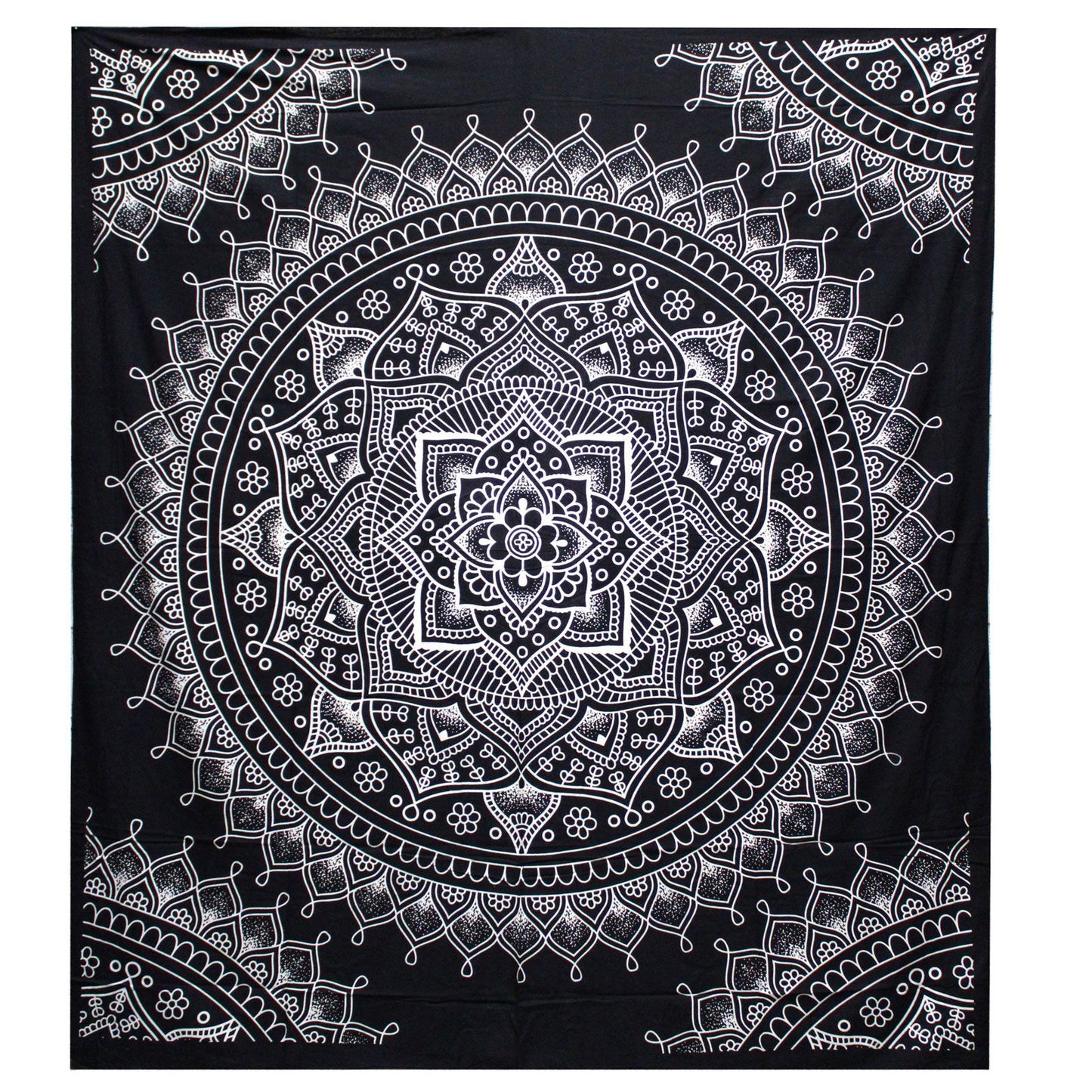 Handbedruckte Lotusblüte Tagesdecke & Wandbehang 230x200 cm - Schwarz-Weiß