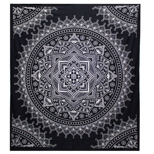Handbedruckte Lotusblüte Tagesdecke & Wandbehang 230x200 cm - Schwarz-Weiß