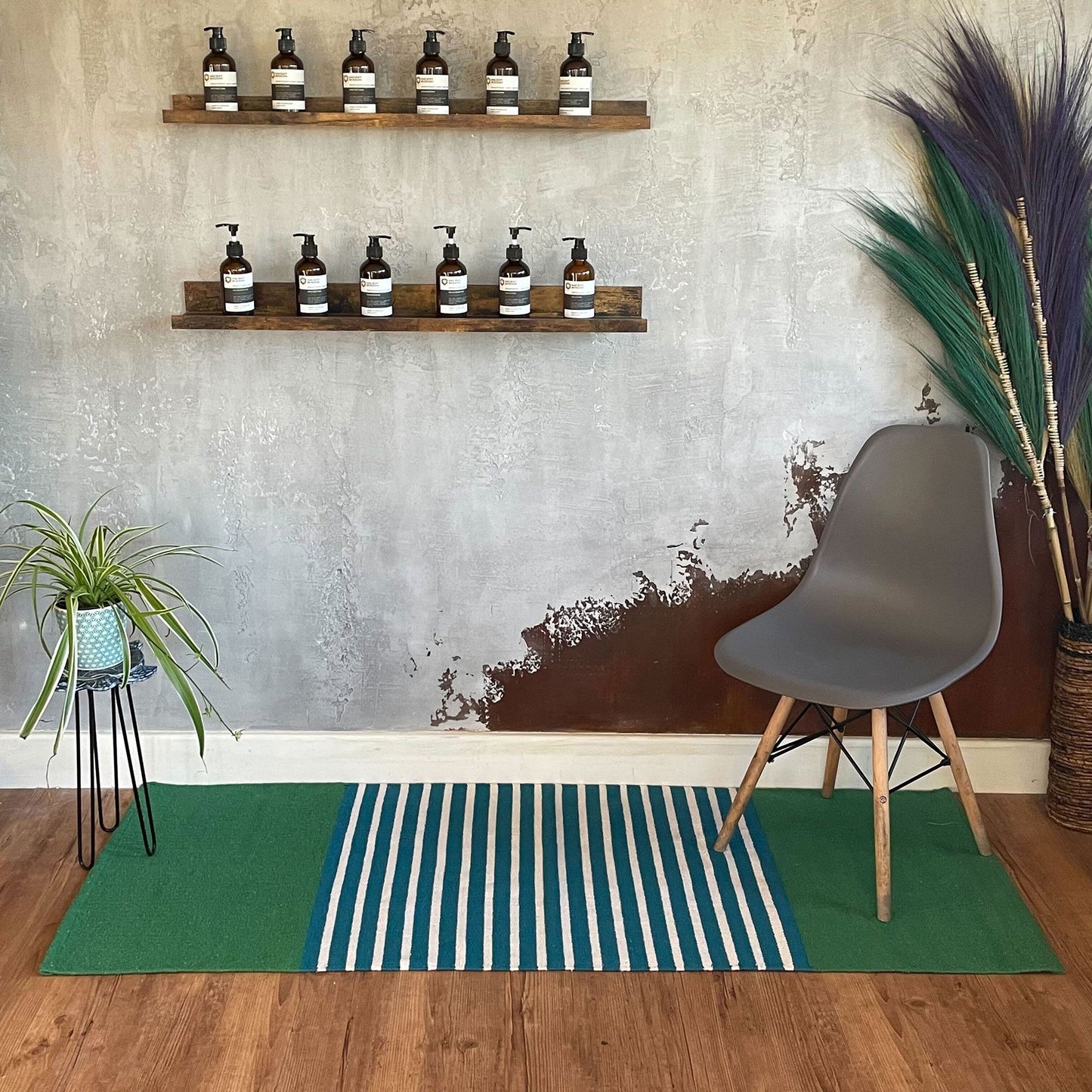 Handgewebter Baumwollteppich in Indigo & Mint - Streifenmuster 170x70 cm