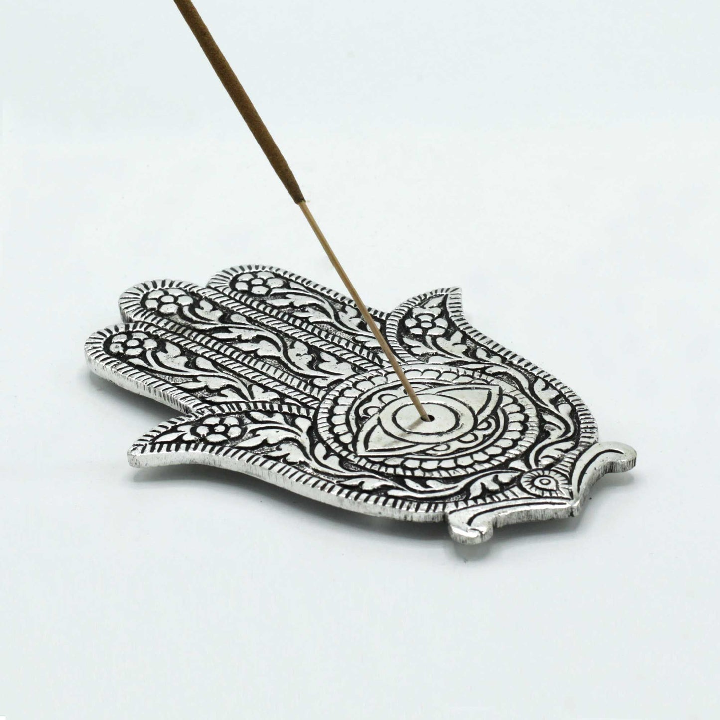 Hamsa Räucherstäbchenhalter – Handgefertigt aus poliertem Eisen, 14 cm