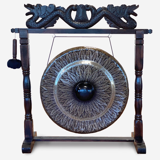 Großer Meditationsgong auf antikem Holzständer - 80 cm, schwarz