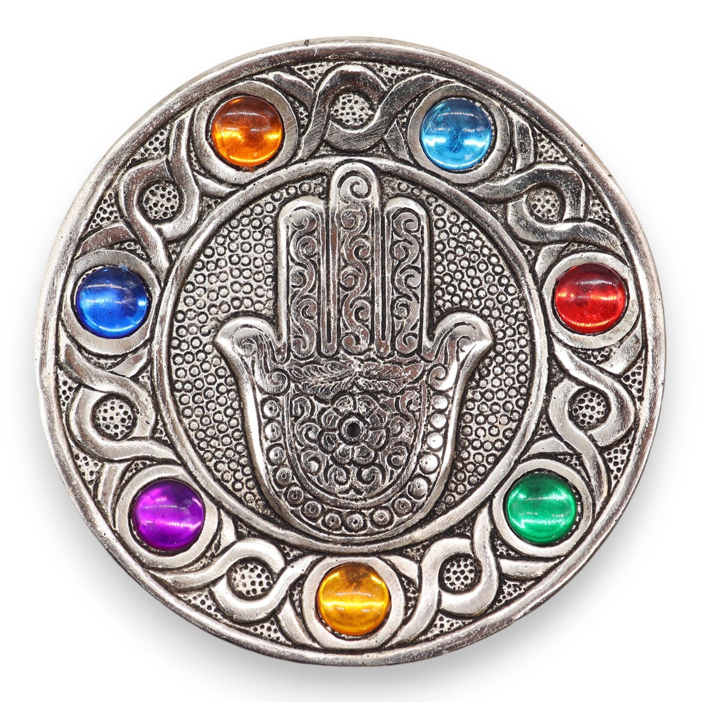 Hamsa Hand Räucherstäbchenhalter mit 7 Chakren – 11,5 cm aus poliertem Aluminium