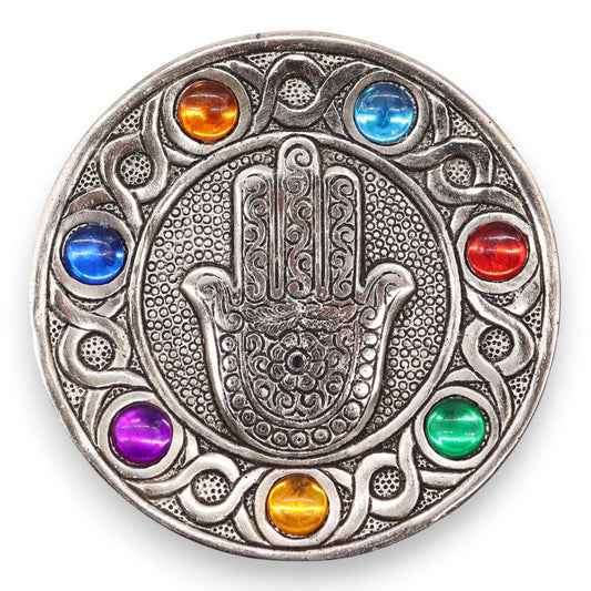 Hamsa Hand Räucherstäbchenhalter mit 7 Chakren – 11,5 cm aus poliertem Aluminium