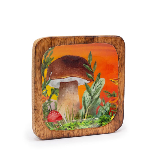 Großes Schmucktablett aus Mangoholz - Handbemalt mit Pilzmotiv in Granatrot