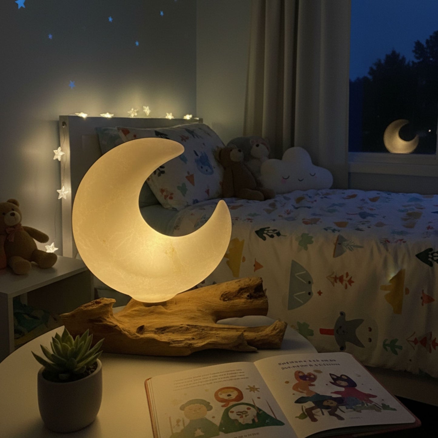 DriftGlow Lampe - Halbmond aus Craquelé-Glas auf Treibholzsockel