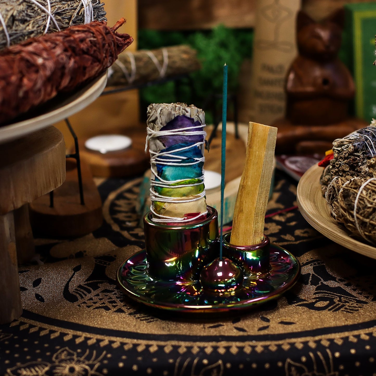 Palo Santo Halter 'Metallic Mandala' – Regenbogenfarben für Räucherrituale