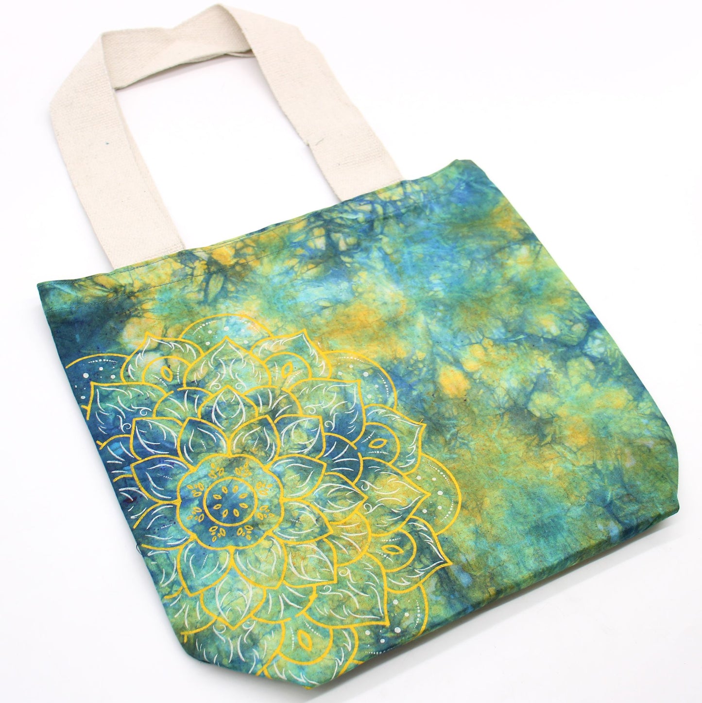 Batik-Tasche Mandala in Grün & Blau – Handgefertigte Baumwolltasche mit Naturhenkel