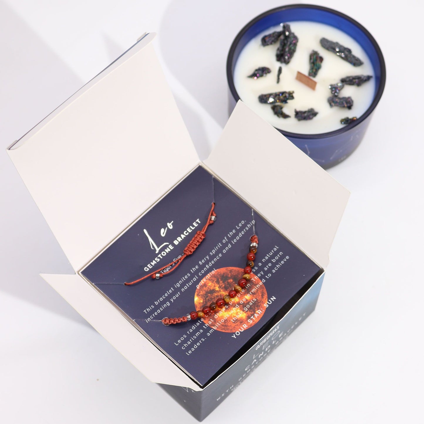 Kristallkerze Löwe mit Edelstein-Armband – Sternzeichen-Set für Energie & Entspannung