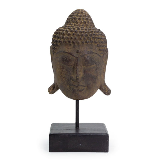 Großer Buddha-Kopf 'Serenity' auf Holzstand - Graue Betonstatue