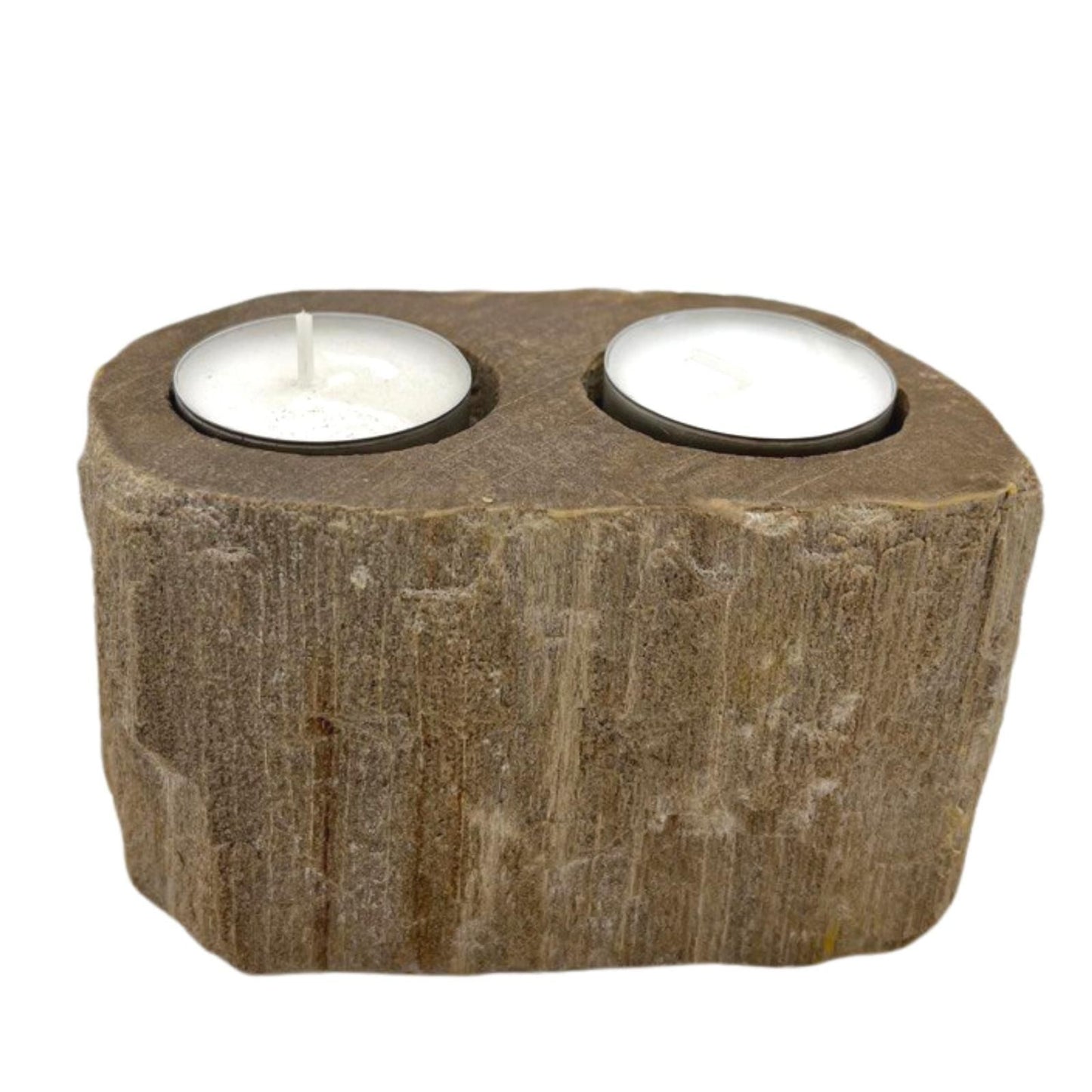 Doppel-Kerzenhalter aus versteinertem Holz und Marmor – Ein handgefertigtes Naturkunstwerk