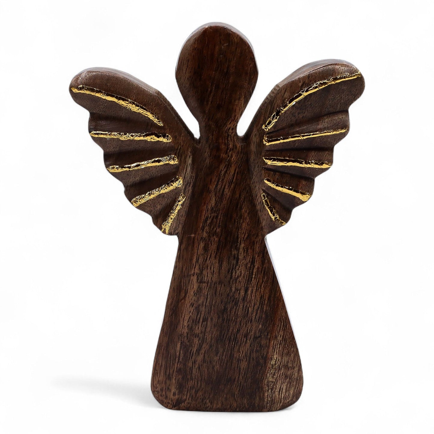 Handgeschnitzte Engel-Figur aus Mango-Holz mit goldenen Flügeln
