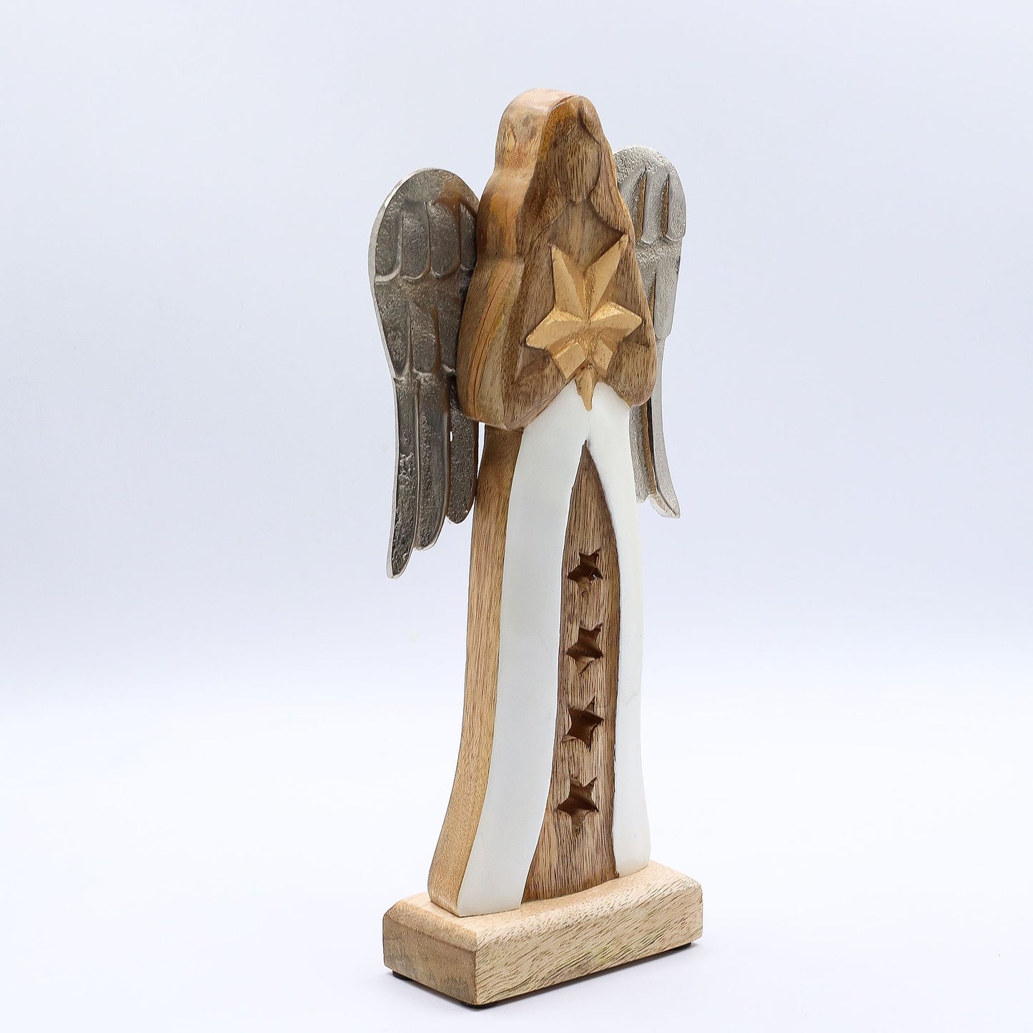 Handgeschnitzter Engel mit Stern – Skulptur aus Mangoholz und Metall