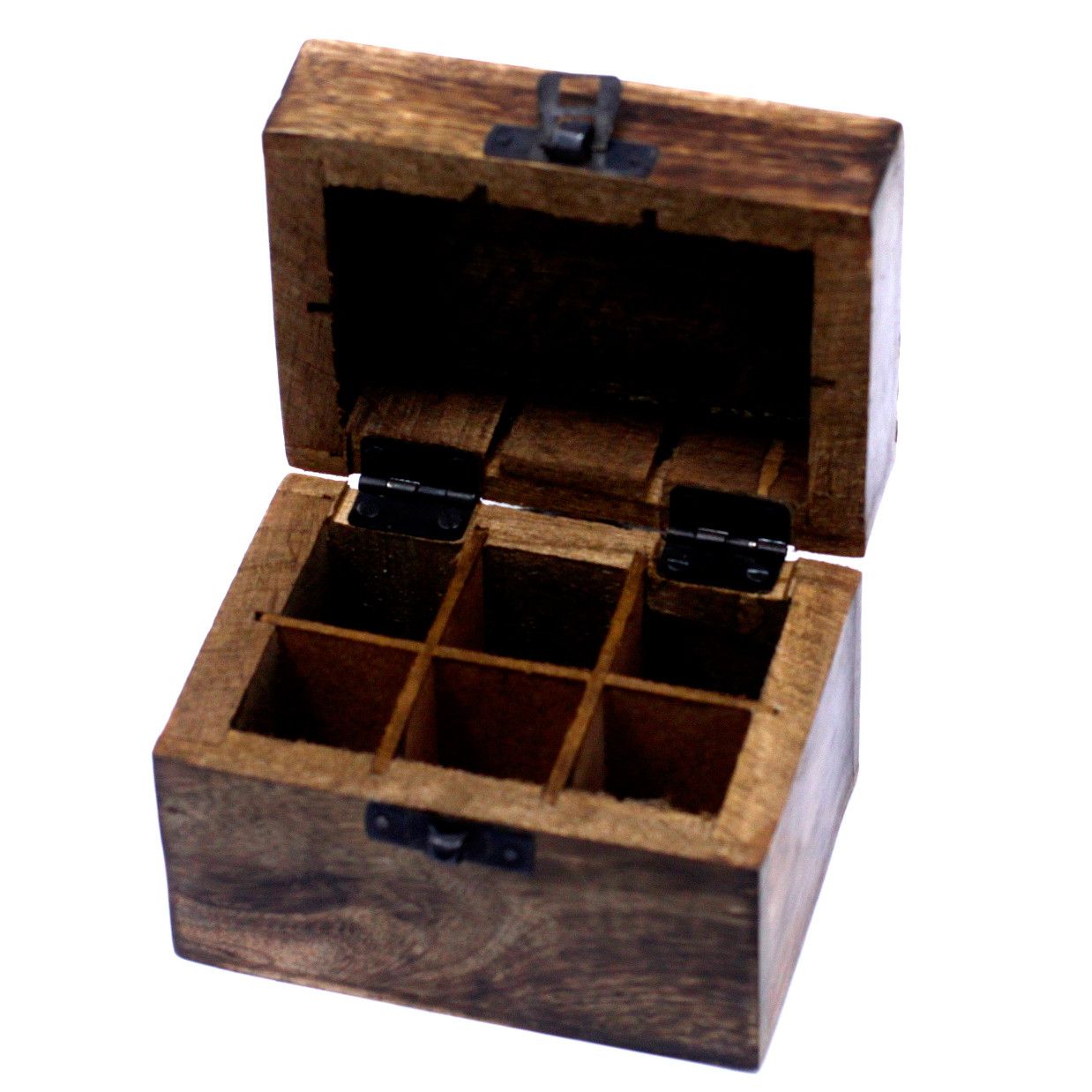Handgeschnitzte Aromatherapie-Box aus Mangoholz mit Blumenmotiv für 6 Öle