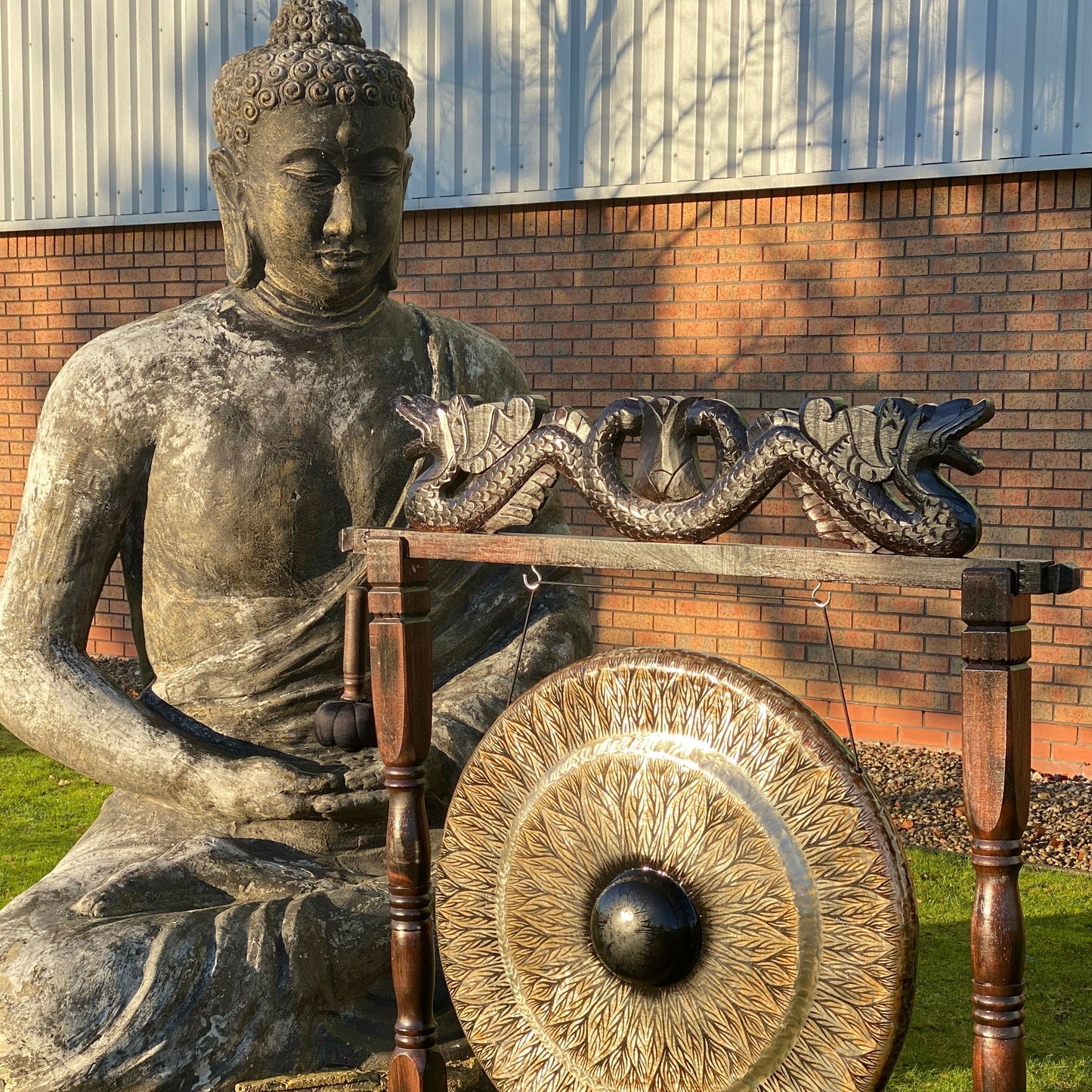 Großer Meditationsgong auf antikem Holzständer - 80 cm, schwarz