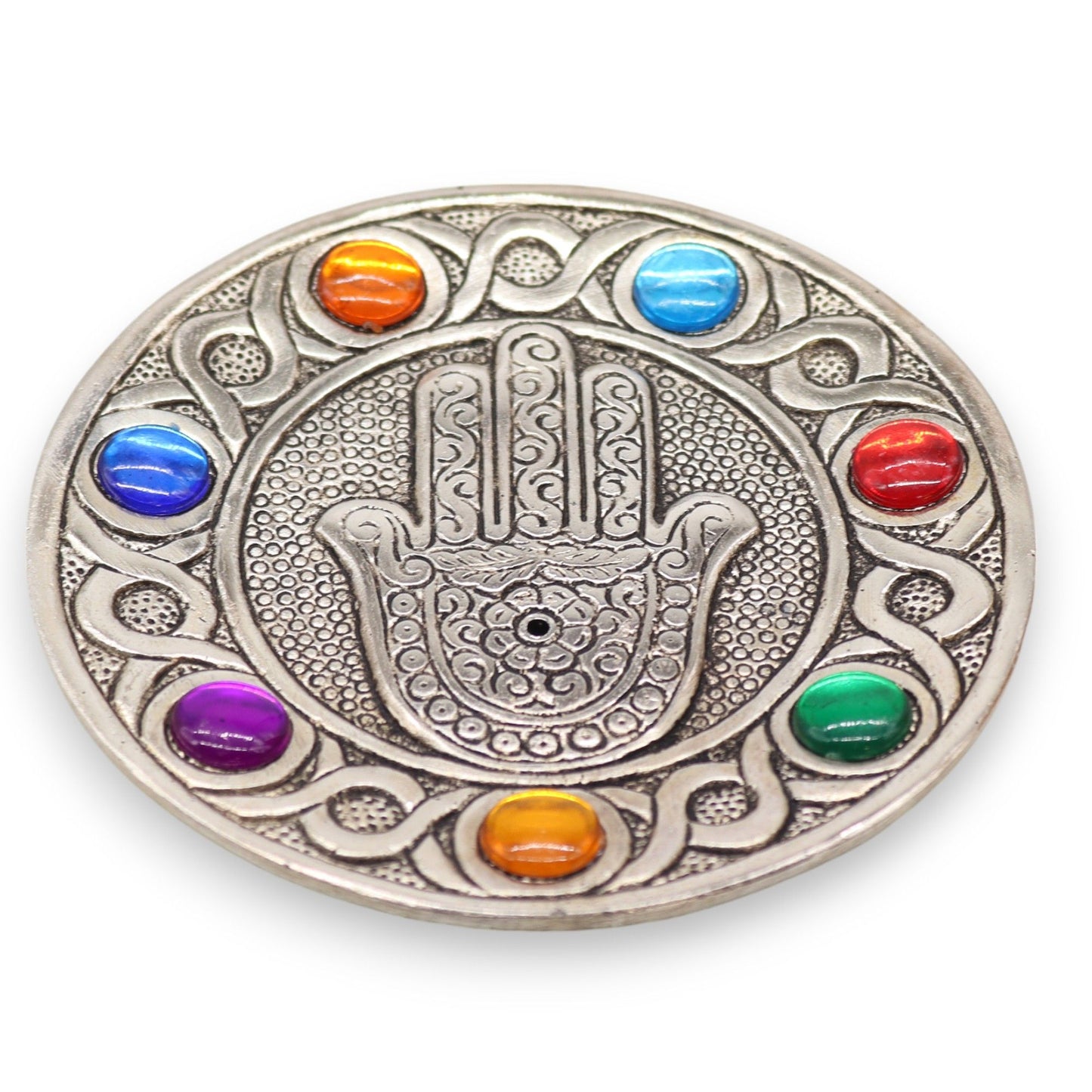 Hamsa Hand Räucherstäbchenhalter mit 7 Chakren – 11,5 cm aus poliertem Aluminium