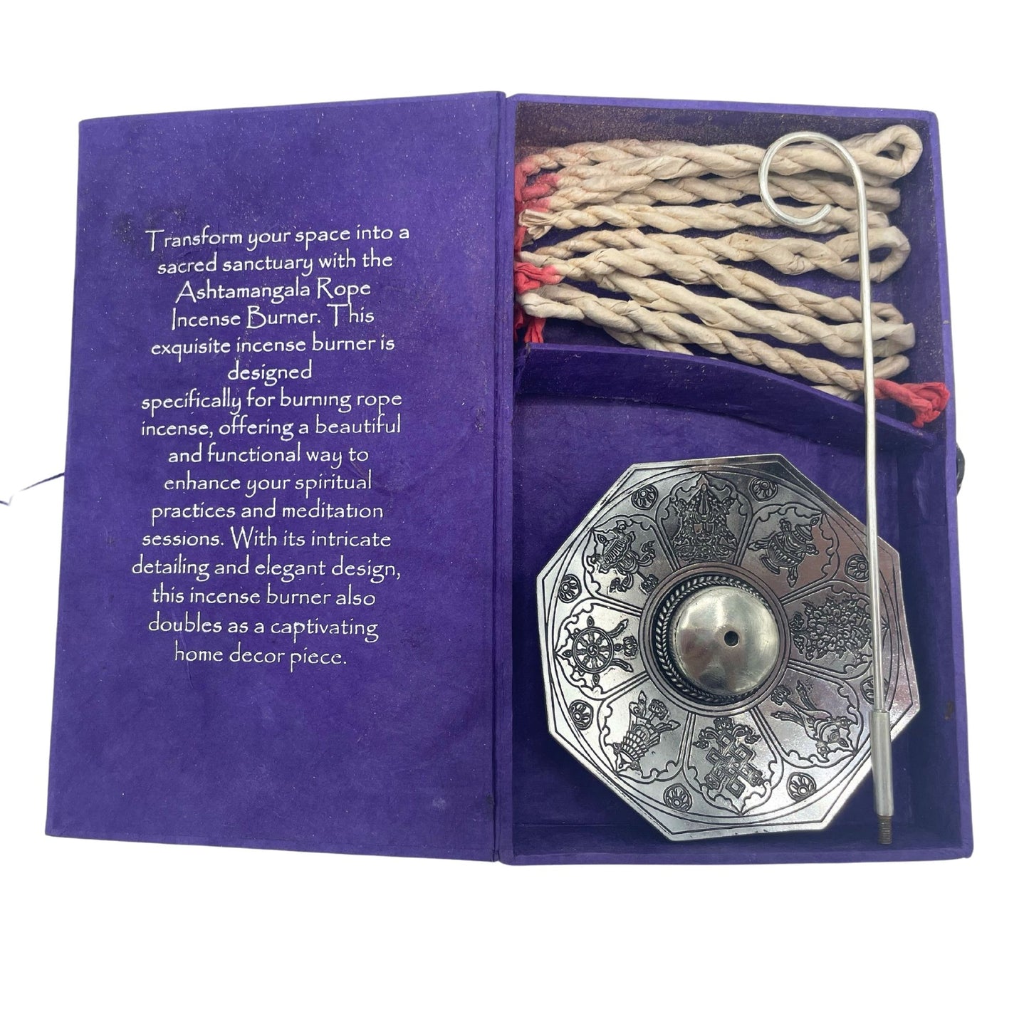 Räucherschnur-Set 'Acht Glückssymbole' mit versilertem Halter – 10 Stäbchen in Geschenkbox