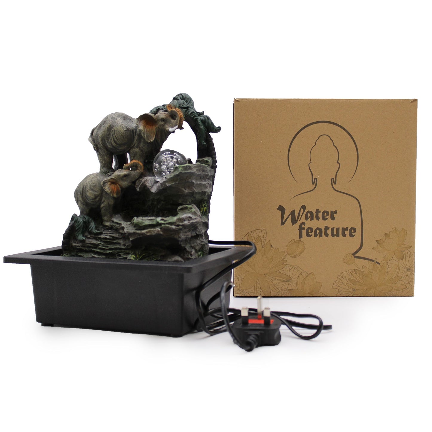 Elefanten-Familie Tischbrunnen mit LED-Beleuchtung – 30 cm Feng-Shui Wasserspiel aus Polyresin