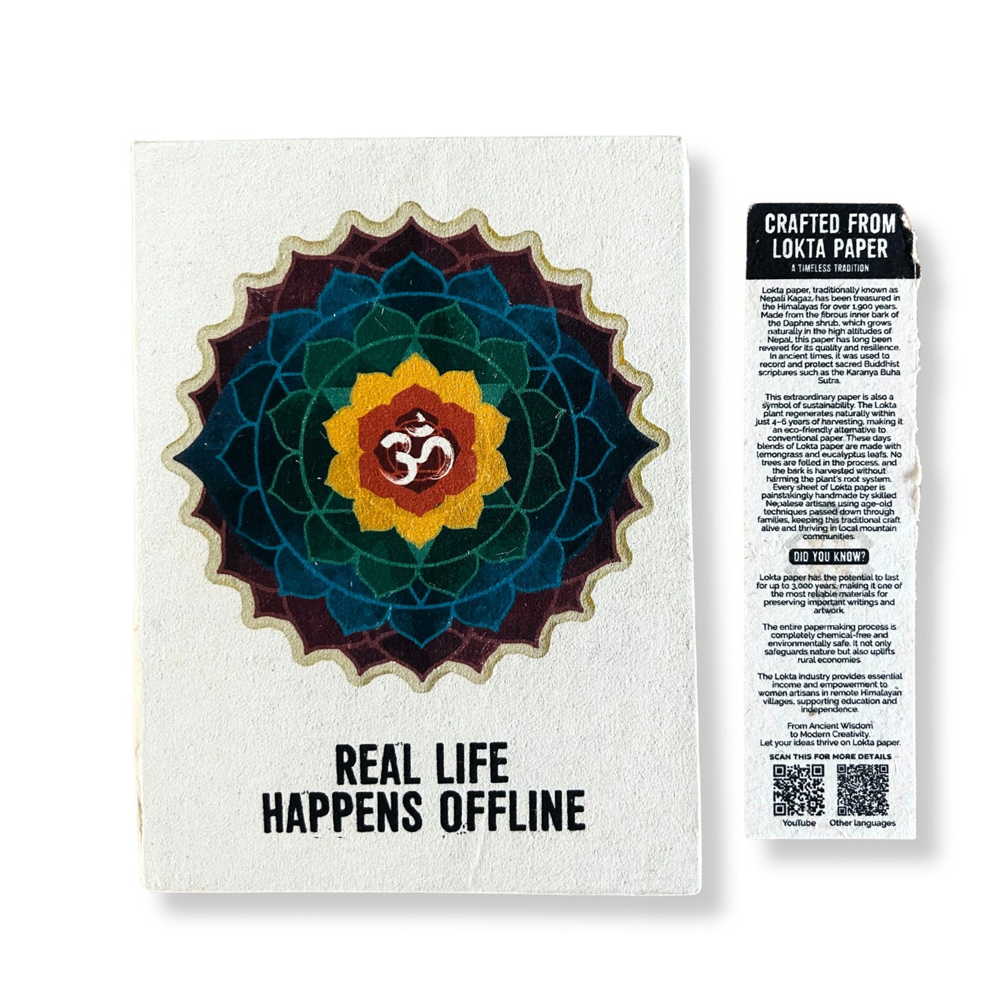 Lokta Notizbuch 'Real Life Happens Offline' – Handgeschöpftes Papier mit Mandala-Cover