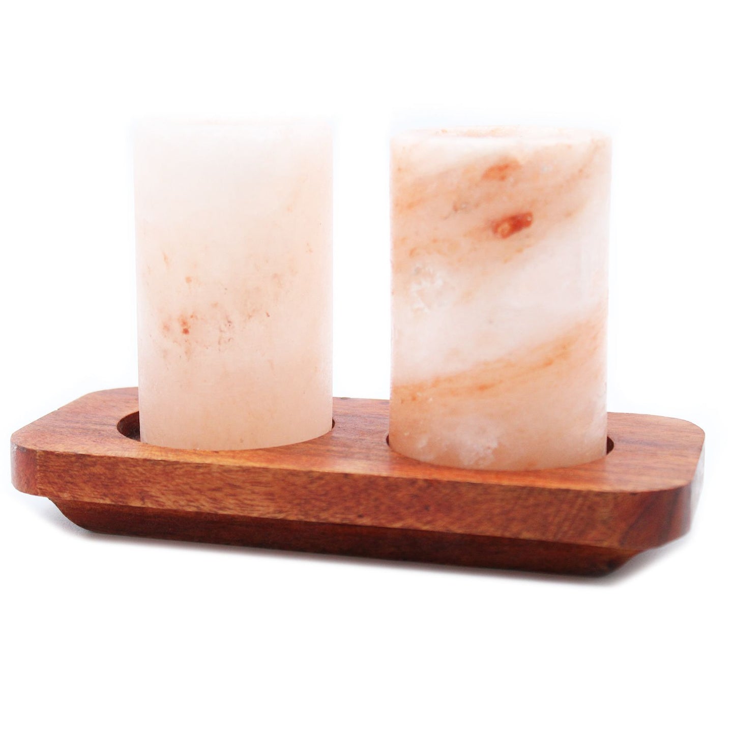 Set mit 2 Shotgläsern aus Himalaya-Salz und Präsentationsständer aus Holz
