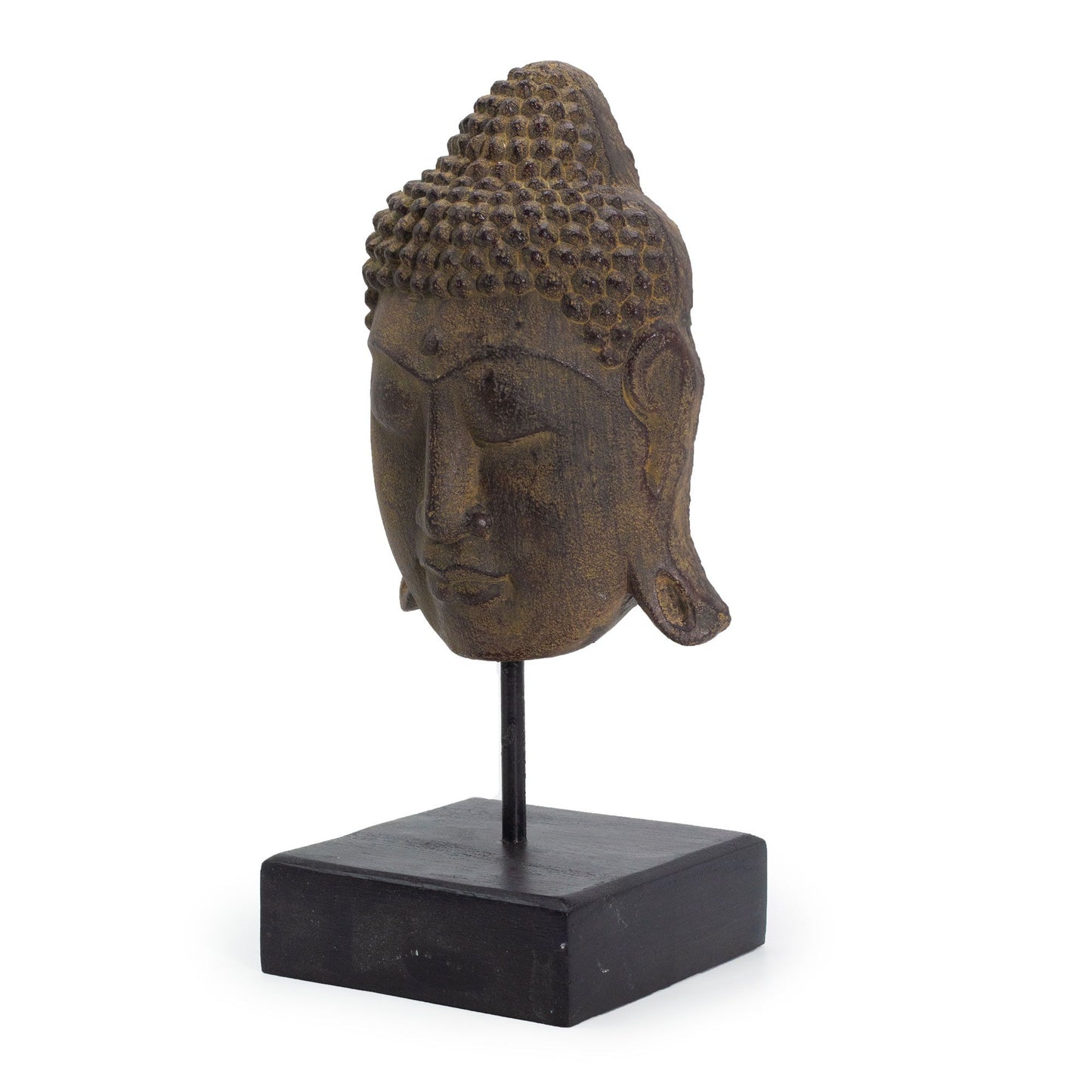 Großer Buddha-Kopf 'Serenity' auf Holzstand - Graue Betonstatue